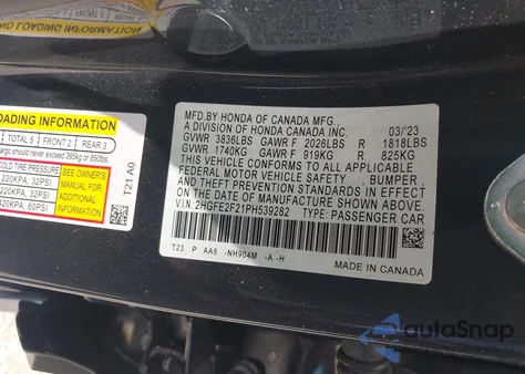 2023 Honda Civic Lx из США, поврежденный, VIN 2HGFE2F21PH539282